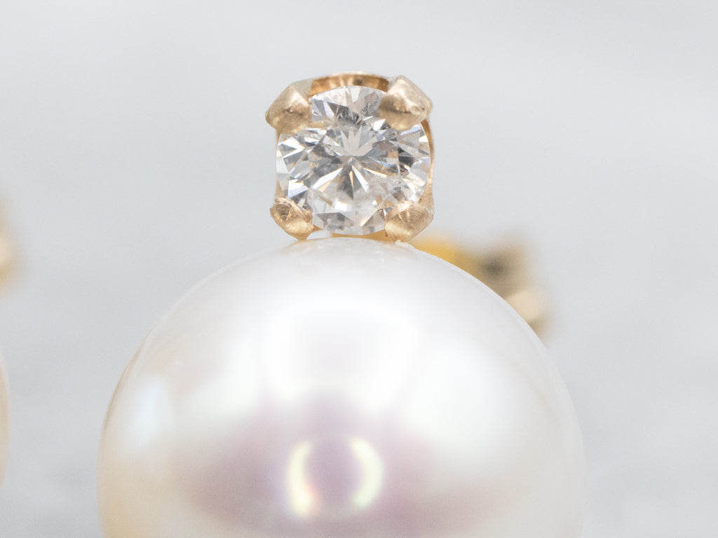 Yellow Gold Pearl Stud Earrings with Diamond Accents