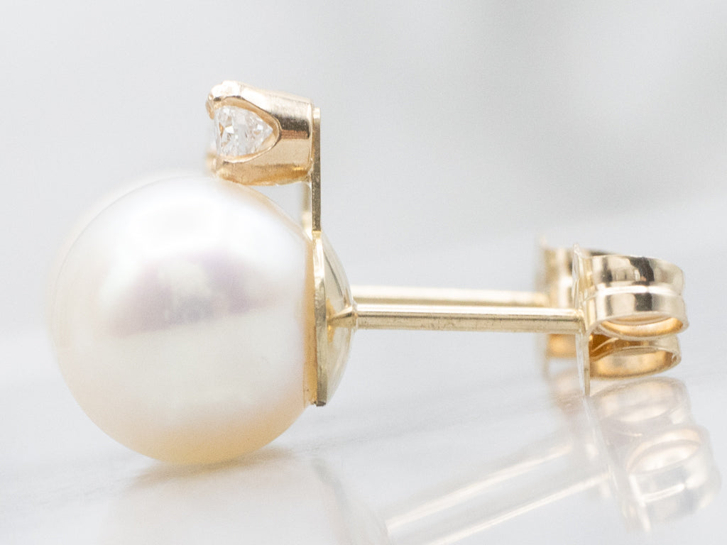 Yellow Gold Pearl Stud Earrings with Diamond Accents