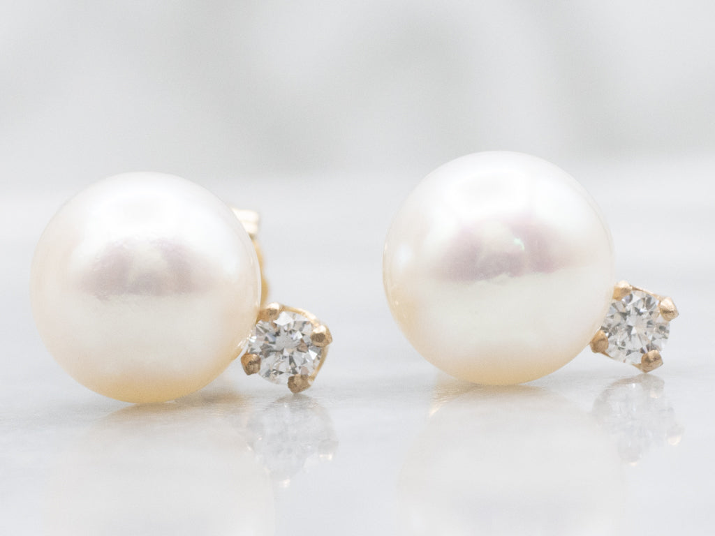 Yellow Gold Pearl Stud Earrings with Diamond Accents