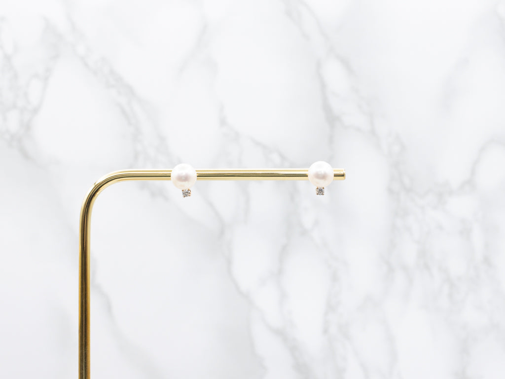 Yellow Gold Pearl Stud Earrings with Diamond Accents