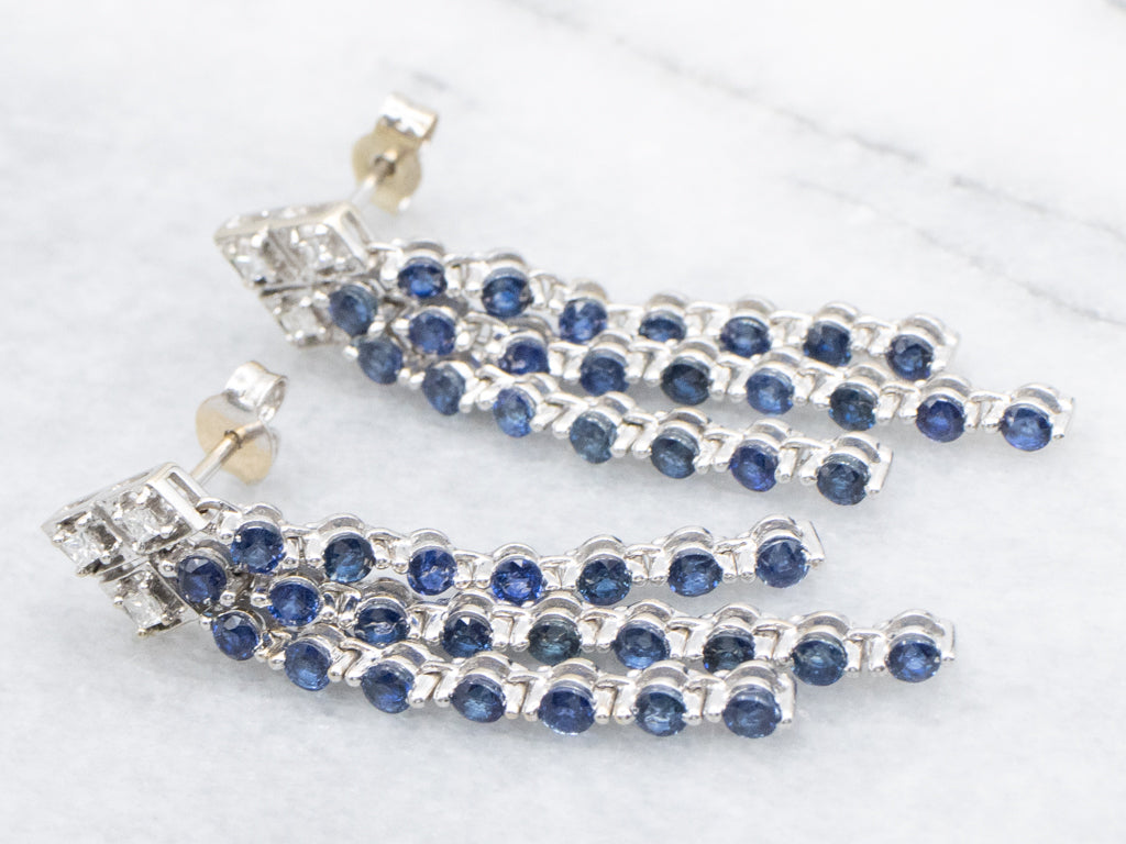 Sapphire and Princess-Cut Diamond Multi-Strand Drop Earrings