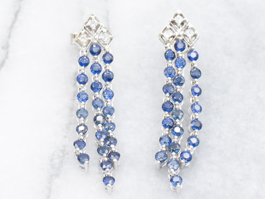 Sapphire and Princess-Cut Diamond Multi-Strand Drop Earrings