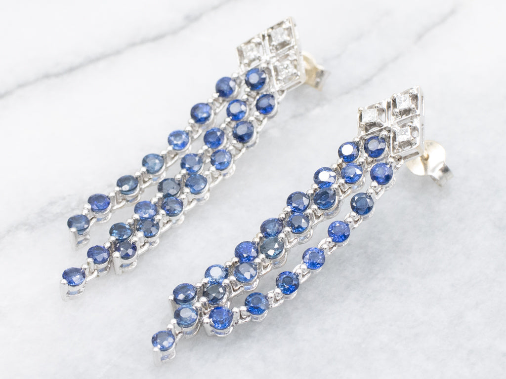 Sapphire and Princess-Cut Diamond Multi-Strand Drop Earrings