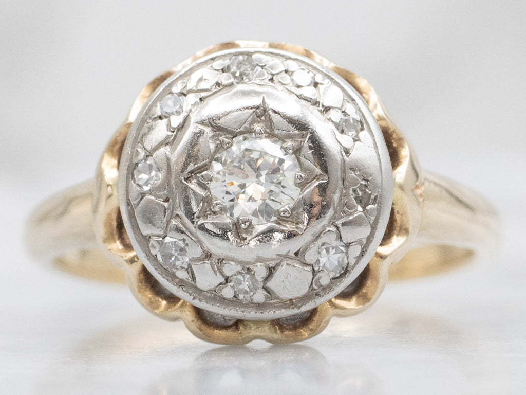 Edwardian Era European Cut Diamond Starburst Halo Ring