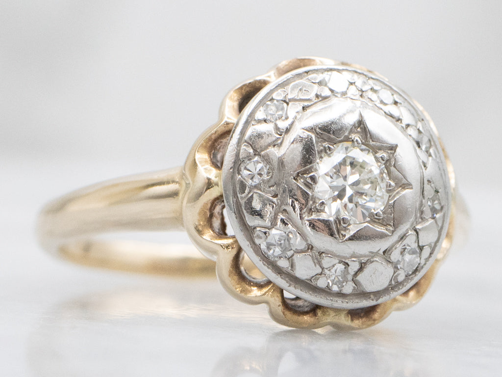 Edwardian Era European Cut Diamond Starburst Halo Ring