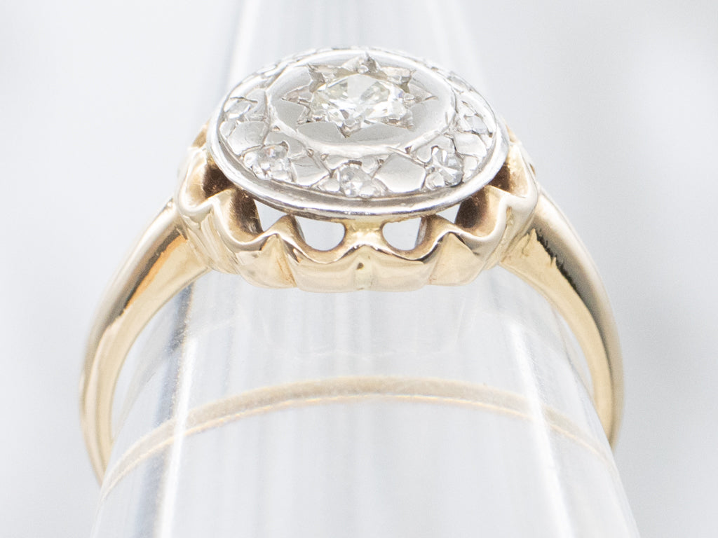 Edwardian Era European Cut Diamond Starburst Halo Ring