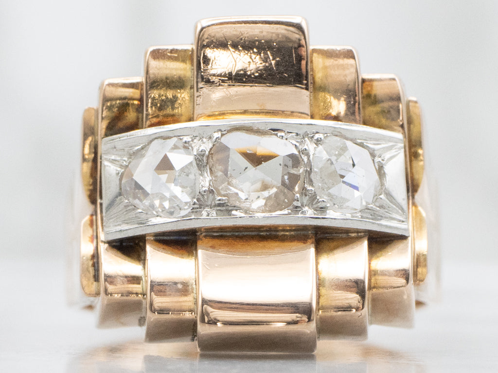Triple Rose Cut Diamond Gold Tank Ring with Platinum Top