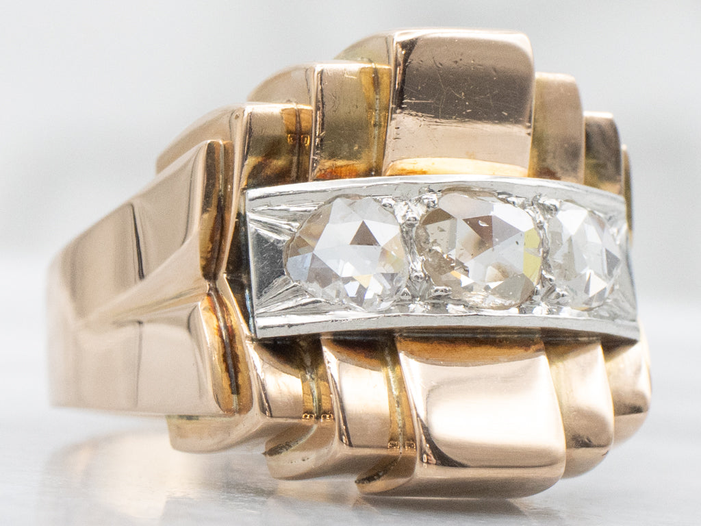Triple Rose Cut Diamond Gold Tank Ring with Platinum Top
