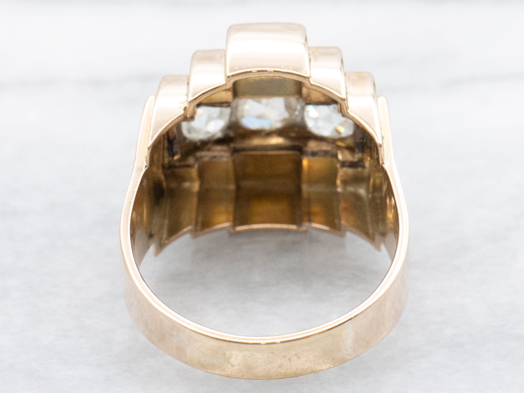 Triple Rose Cut Diamond Gold Tank Ring with Platinum Top
