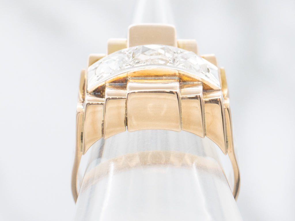 Triple Rose Cut Diamond Gold Tank Ring with Platinum Top