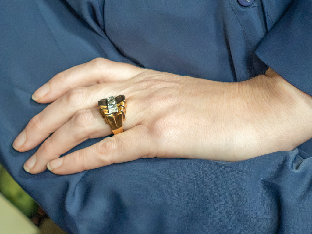 Triple Rose Cut Diamond Gold Tank Ring with Platinum Top