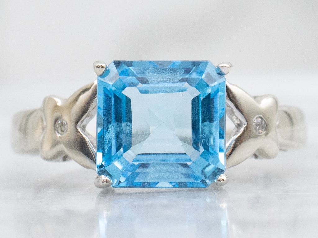 Modern Square-Cut Blue Topaz and Diamond White Gold Ring