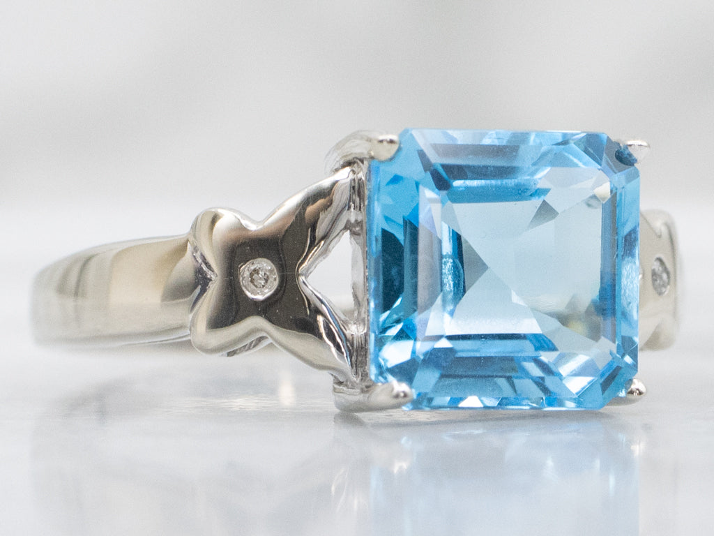 Modern Square-Cut Blue Topaz and Diamond White Gold Ring