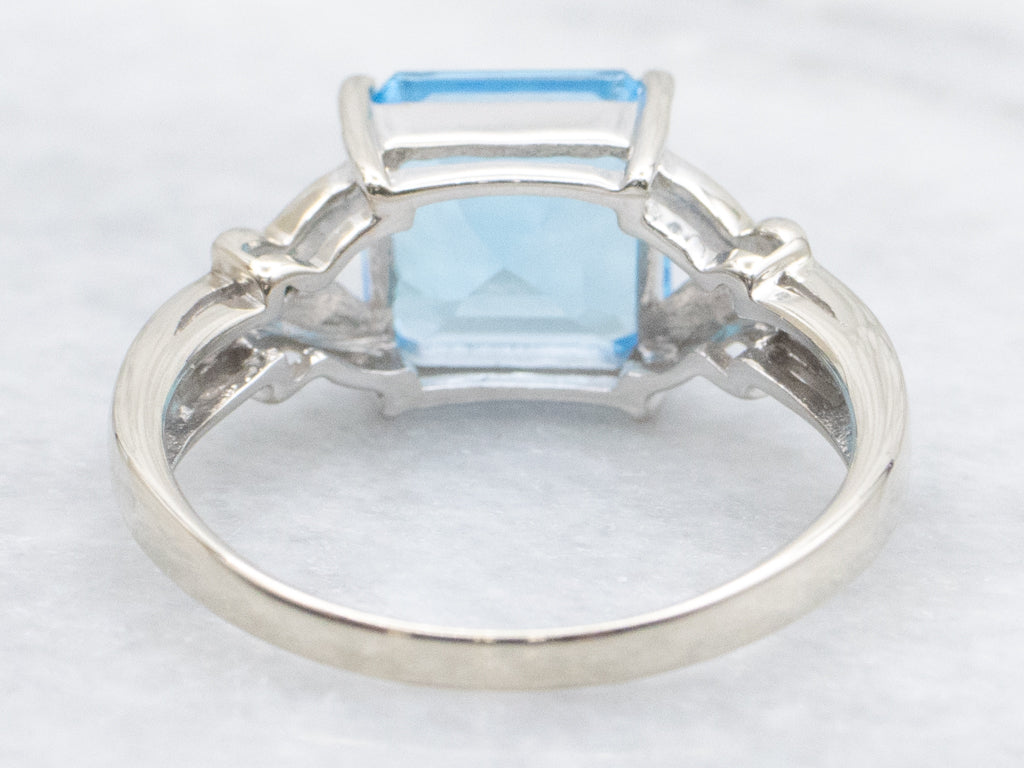 Modern Square-Cut Blue Topaz and Diamond White Gold Ring
