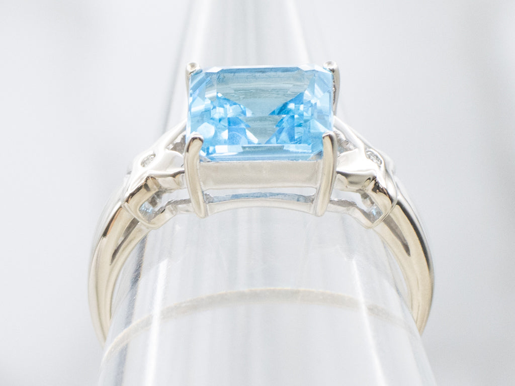 Modern Square-Cut Blue Topaz and Diamond White Gold Ring