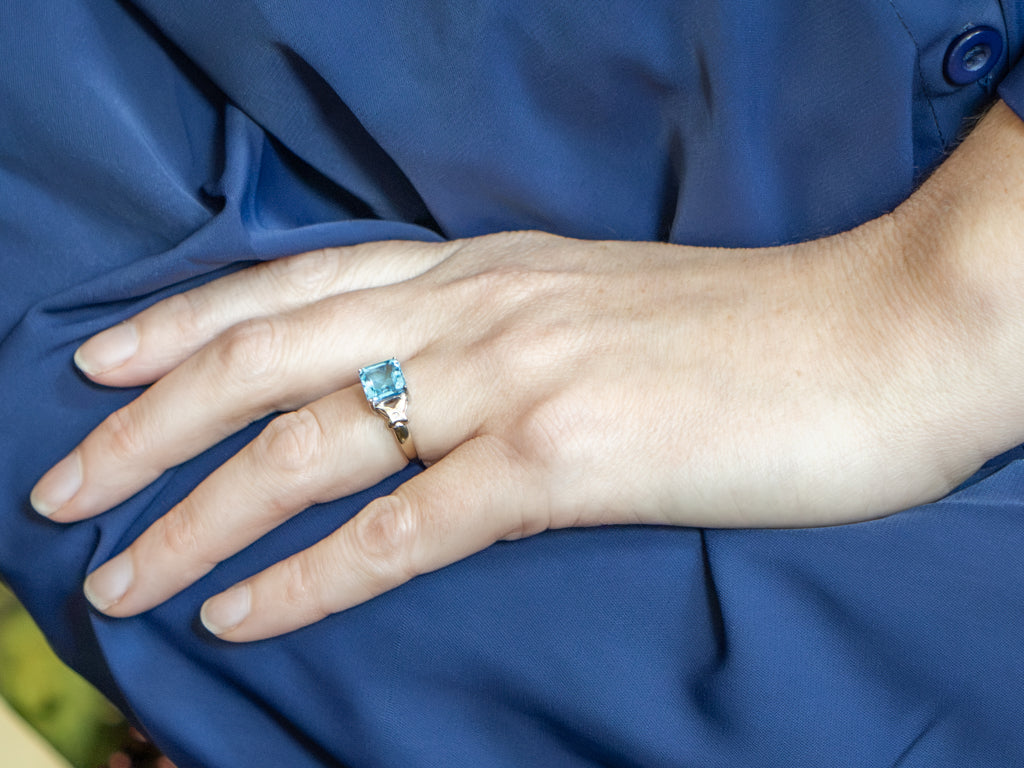 Modern Square-Cut Blue Topaz and Diamond White Gold Ring