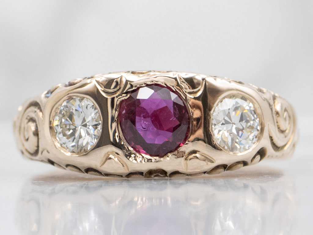 Victorian Era Deeply Carved Ruby and Diamond Unisex Ring