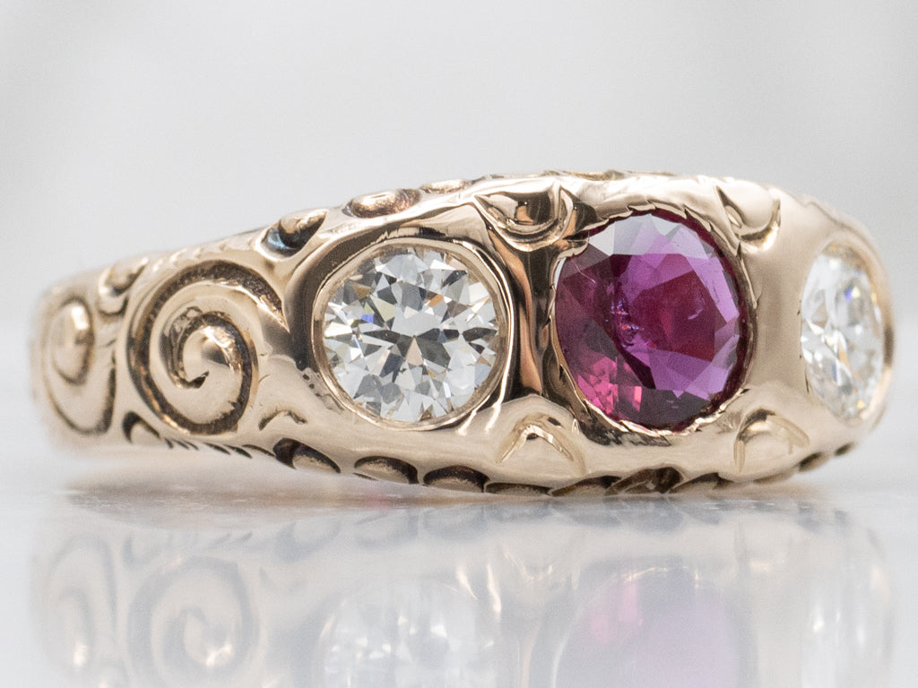 Victorian Era Deeply Carved Ruby and Diamond Unisex Ring