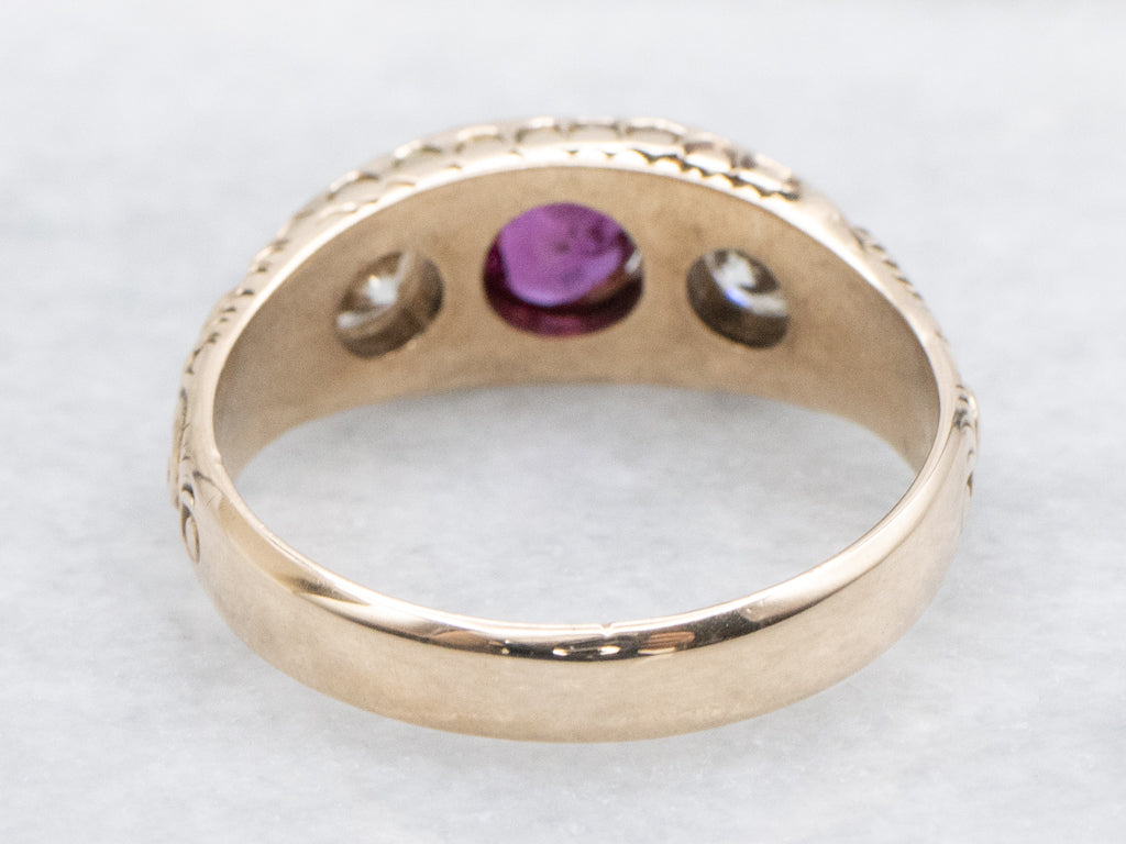 Victorian Era Deeply Carved Ruby and Diamond Unisex Ring