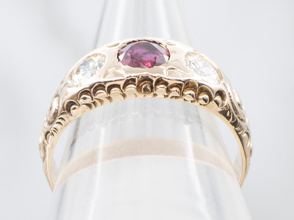 Victorian Era Deeply Carved Ruby and Diamond Unisex Ring