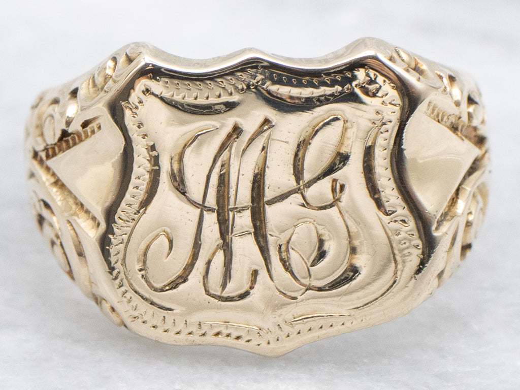 Antique Gold "MG" Monogrammed Shield Signet Ring
