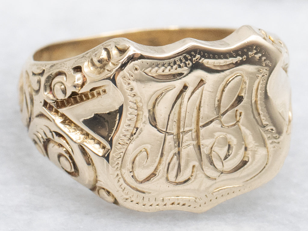 Antique Gold "MG" Monogrammed Shield Signet Ring