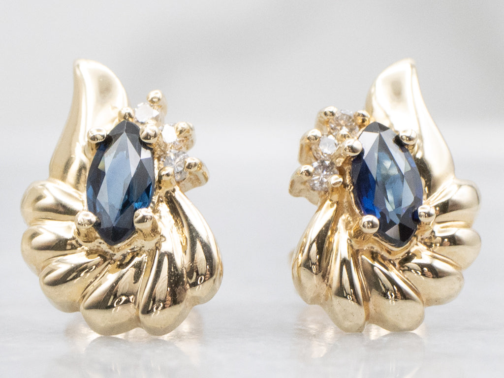 Vintage Gold Marquise-Cut Sapphire and Diamond Stud Earrings