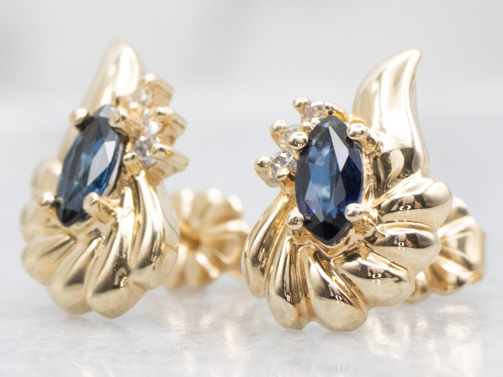 Vintage Gold Marquise-Cut Sapphire and Diamond Stud Earrings