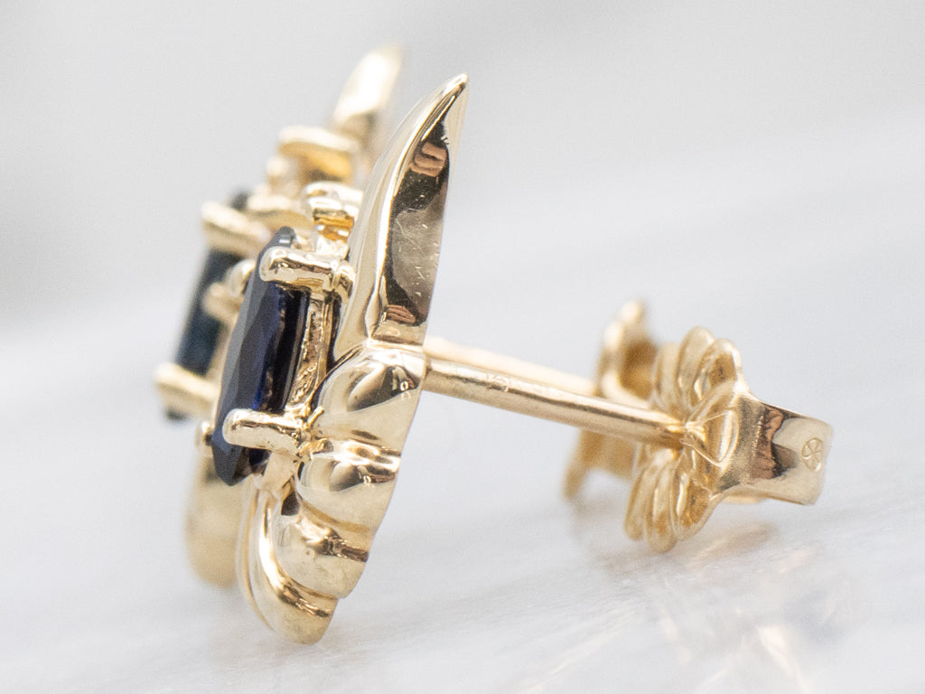 Vintage Gold Marquise-Cut Sapphire and Diamond Stud Earrings