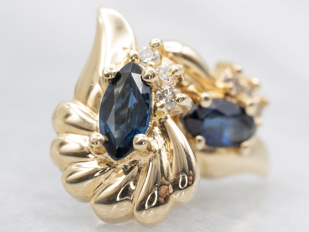 Vintage Gold Marquise-Cut Sapphire and Diamond Stud Earrings