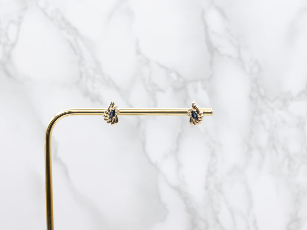 Vintage Gold Marquise-Cut Sapphire and Diamond Stud Earrings