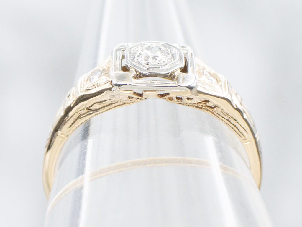 Diamond Retro-Era Two-Tone Gold Engagement Ring