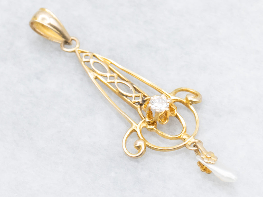 Ostby and Barton Buttercup-Set Diamond Gold Lavalier Pendant with Pearl Drop
