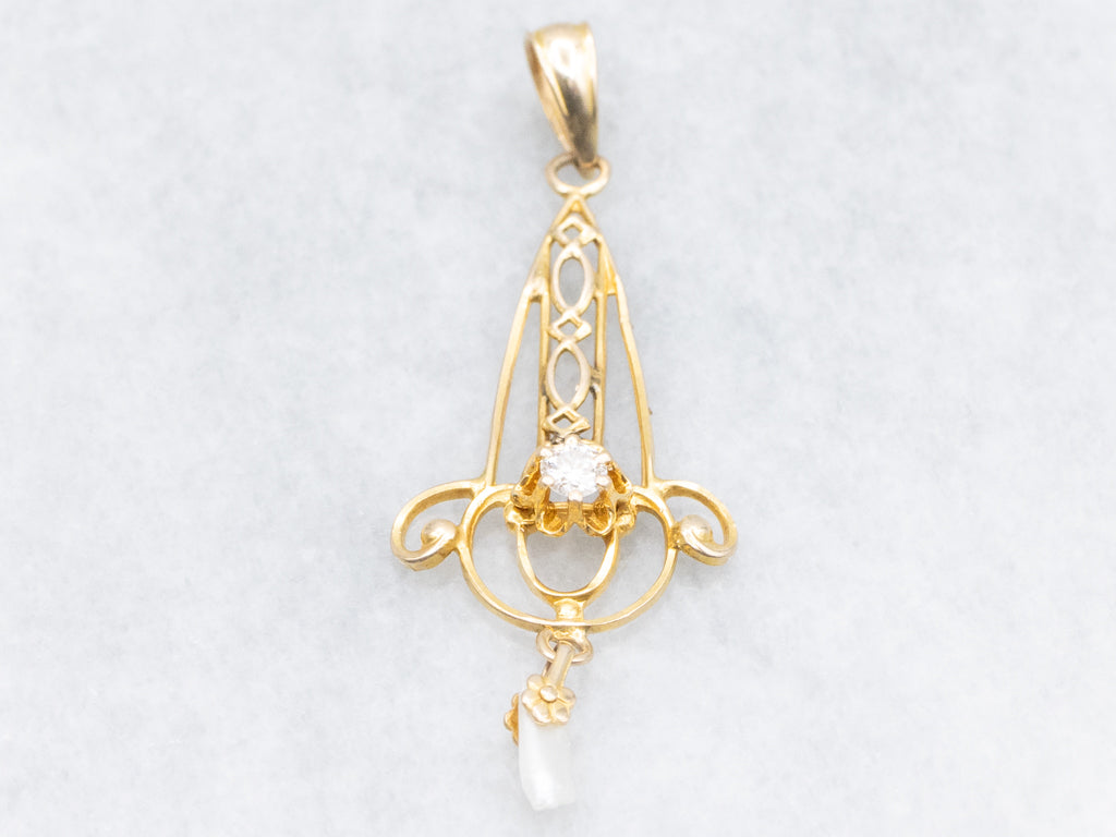 Ostby and Barton Buttercup-Set Diamond Gold Lavalier Pendant with Pearl Drop