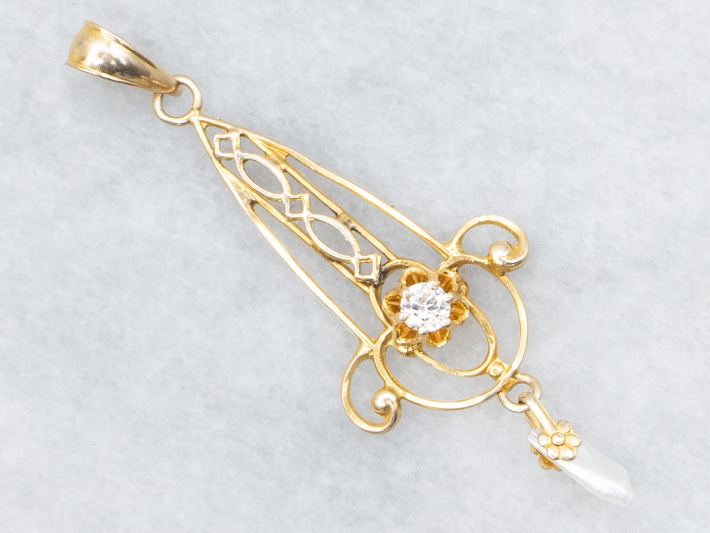 Ostby and Barton Buttercup-Set Diamond Gold Lavalier Pendant with Pearl Drop