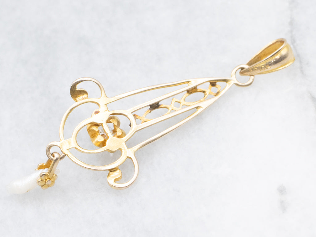Ostby and Barton Buttercup-Set Diamond Gold Lavalier Pendant with Pearl Drop