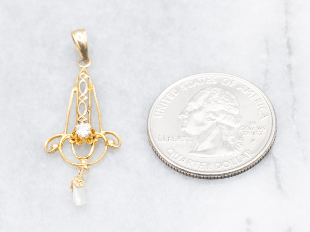 Ostby and Barton Buttercup-Set Diamond Gold Lavalier Pendant with Pearl Drop