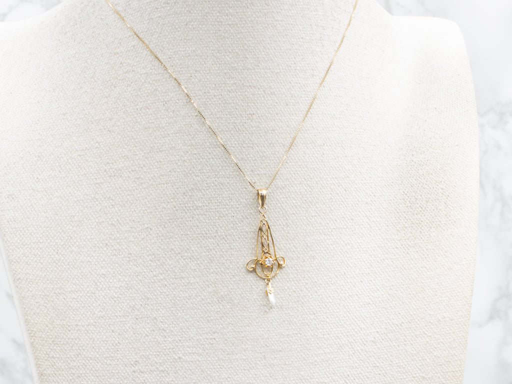 Ostby and Barton Buttercup-Set Diamond Gold Lavalier Pendant with Pearl Drop
