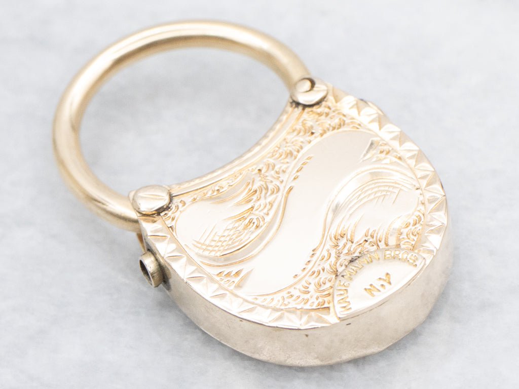 Antique Mann Brothers Engraved Yellow Gold Hook Padlock Pendant