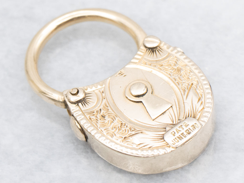 Antique Mann Brothers Engraved Yellow Gold Hook Padlock Pendant