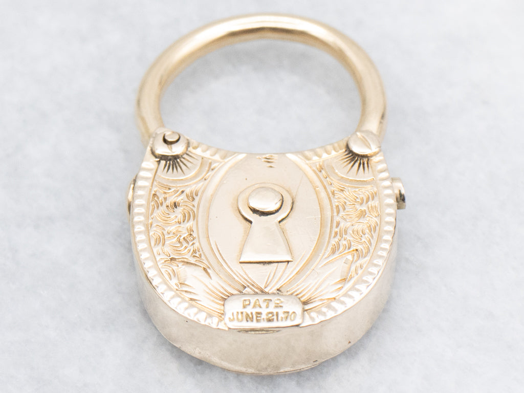 Antique Mann Brothers Engraved Yellow Gold Hook Padlock Pendant
