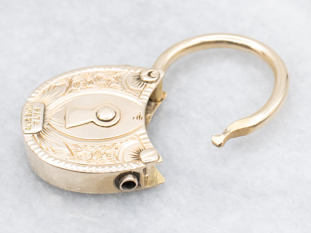 Antique Mann Brothers Engraved Yellow Gold Hook Padlock Pendant