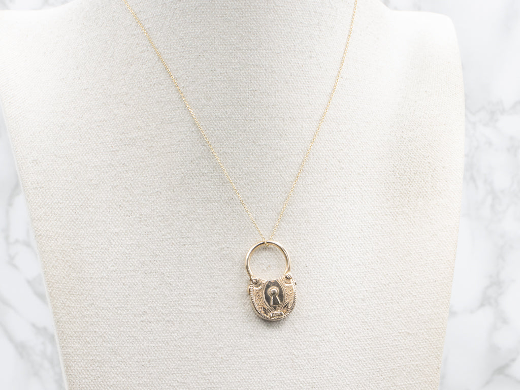 Antique Mann Brothers Engraved Yellow Gold Hook Padlock Pendant
