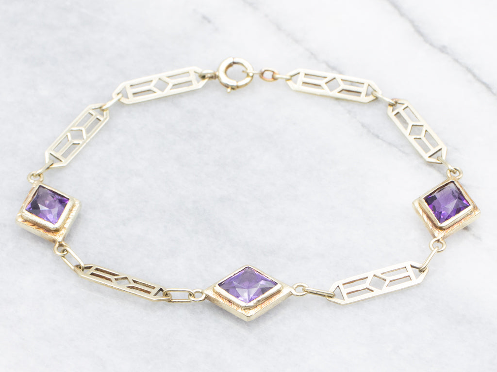 Antique Bezel-Set Amethyst Yellow Gold Gemstone Link Bracelet