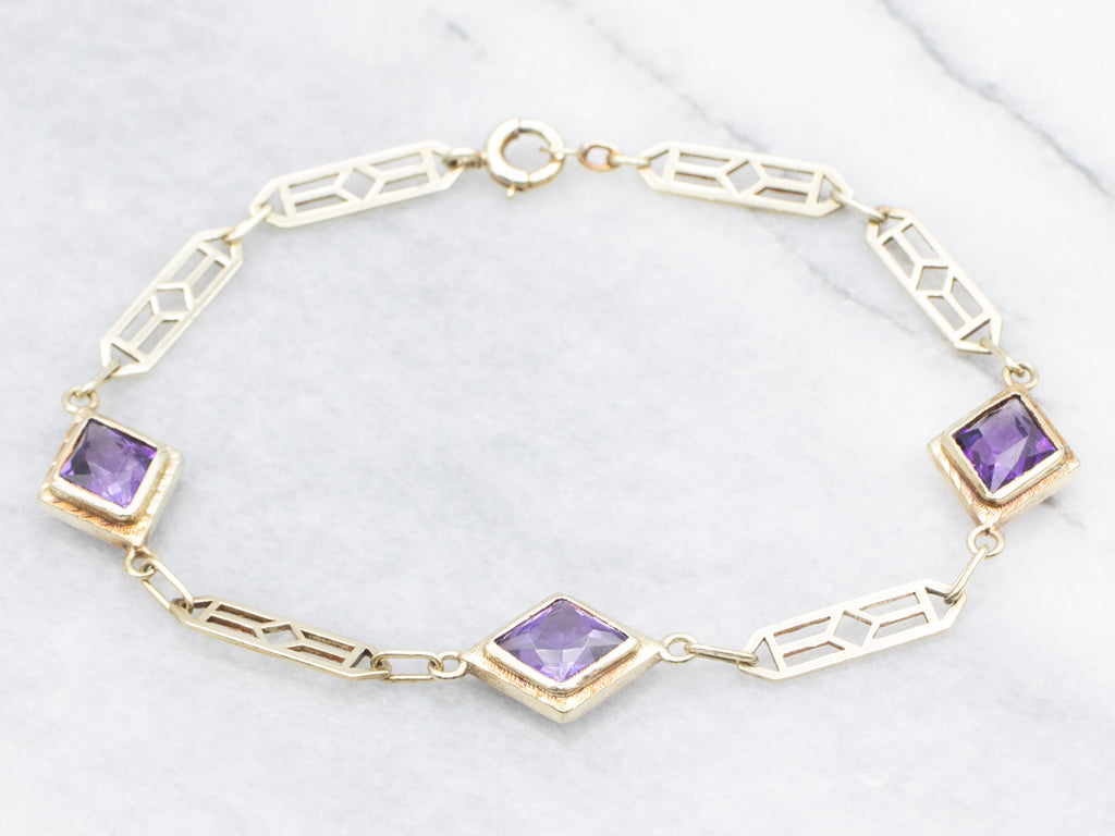 Antique Bezel-Set Amethyst Yellow Gold Gemstone Link Bracelet