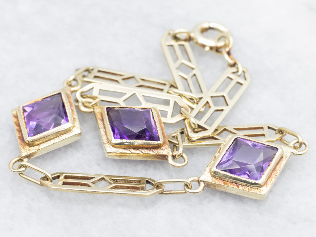 Antique Bezel-Set Amethyst Yellow Gold Gemstone Link Bracelet