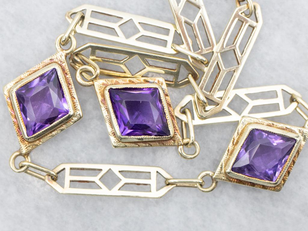 Antique Bezel-Set Amethyst Yellow Gold Gemstone Link Bracelet