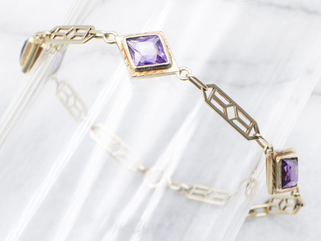 Antique Bezel-Set Amethyst Yellow Gold Gemstone Link Bracelet