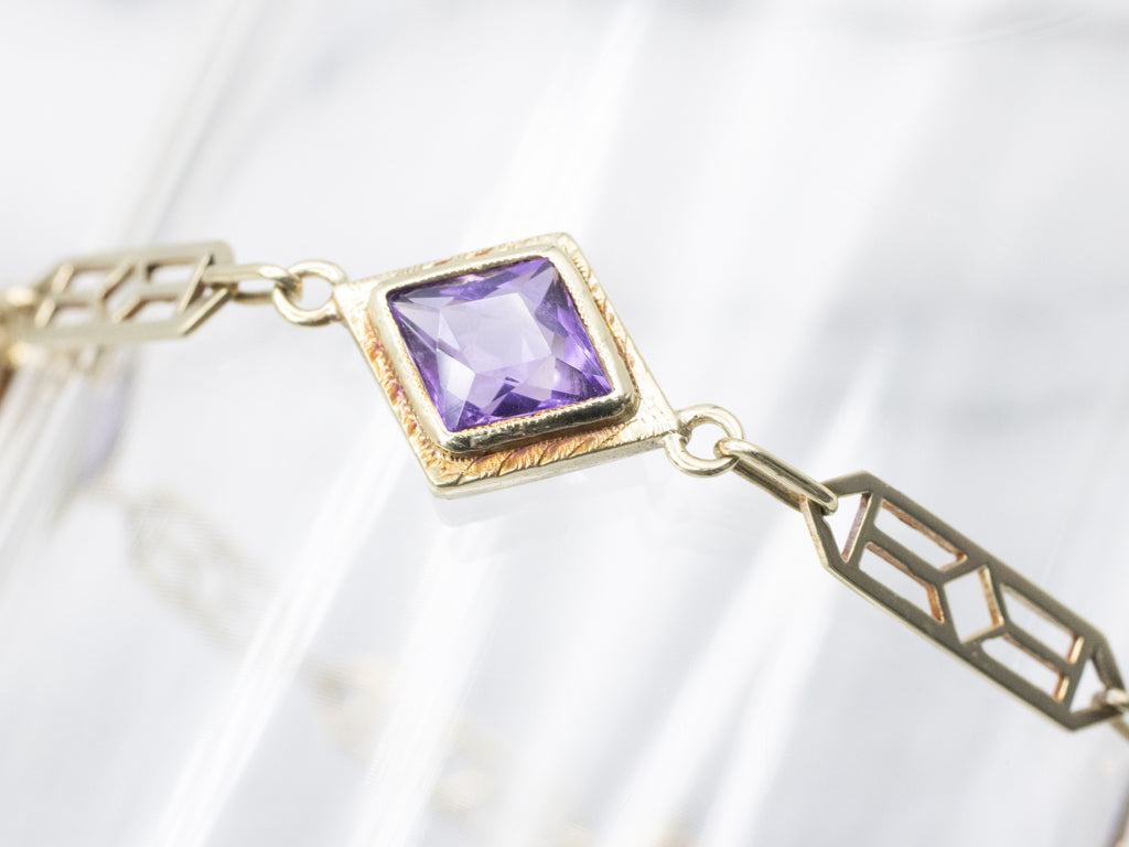 Antique Bezel-Set Amethyst Yellow Gold Gemstone Link Bracelet