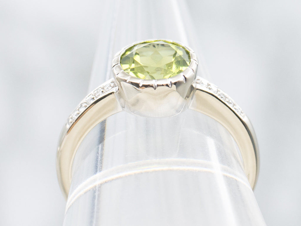 Bezel-Set Peridot White Gold Ring with Diamond Accents